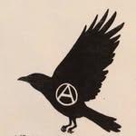 silhouette of black bird with an anarchist symbol on it